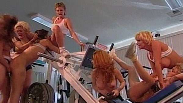 Lesbian gangbang orgy in gym